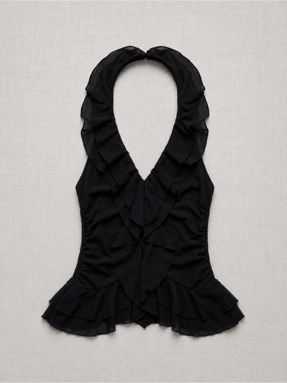 Iris Black Mesh Ruffled Halter Top